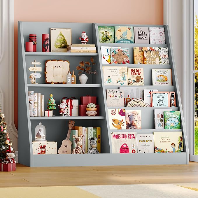 6 Tier Kids Bookshelf and Toy Storage Organizer, Child-Friendly Height & Stable Triangle Design, Toddler Book Shelf for Kids Room, Playroom, Bedroom, Classroom, Nursery, School, Grey