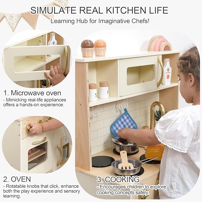 Wooden Play Kitchen for Kids with Ice Maker & 17 Accessories, Toddler Toy Kitchen with Sink, Oven, Stovetop, Microwave, Educational Kitchen Playset Gift for Toddlers Boys Girls Ages 3 to 8