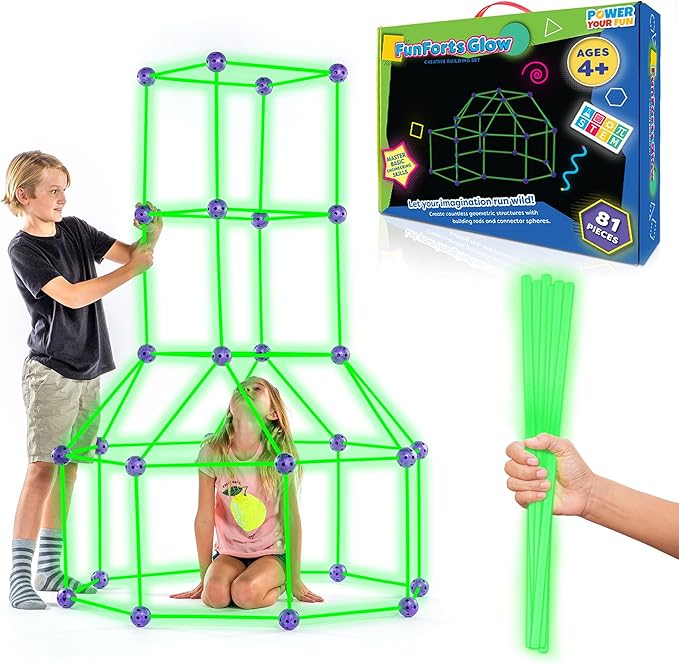 Fun Forts Glow Fort Building Kit for Kids - 81 Pack Glow in The Dark STEM Building Toys Indoor Outdoor Play Tent for Kids Construction Toys with 53 Rods and 28 Spheres