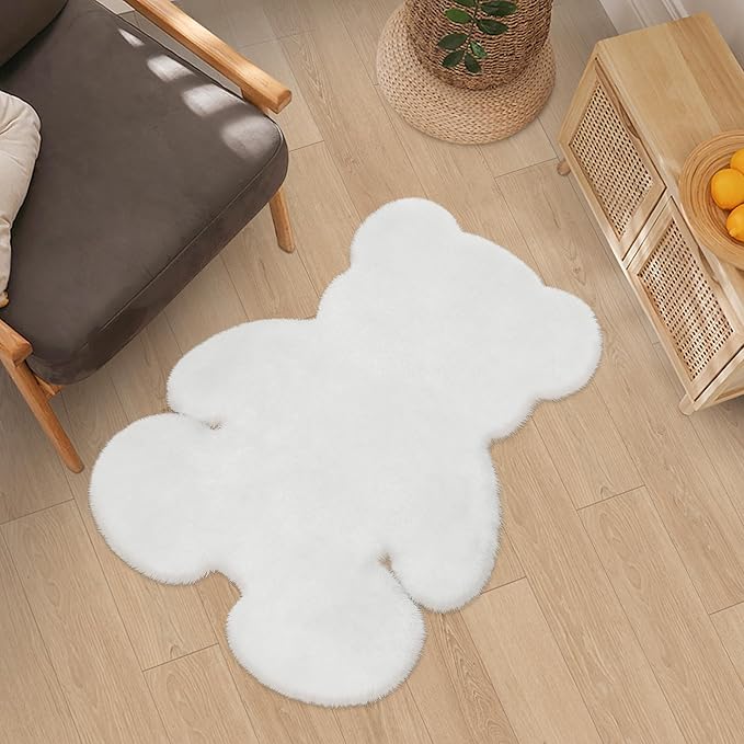 2.5x3.4 ft White Small Bear Soft Fluffy Rug, Shag Faux Sheepskin Fur Rug Fuzzy Shaggy Area Rug Cute Plush Carpet for Nursery Kids Girls Bedroom Room Aesthetic Living Room Home Decor, White