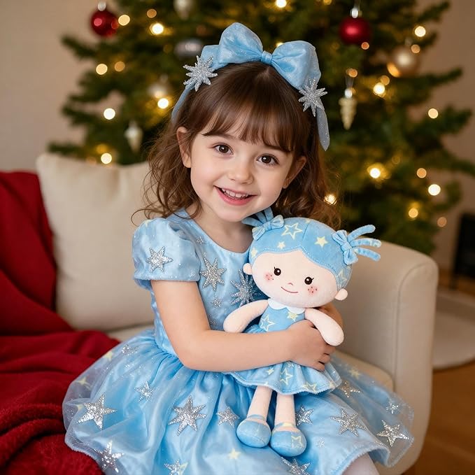 Onetoo First Baby Doll Plush Rag Doll Baby Girls Dolls Soft Baby Doll for Girls Wear Star Blue Sleeveless Dress 14"