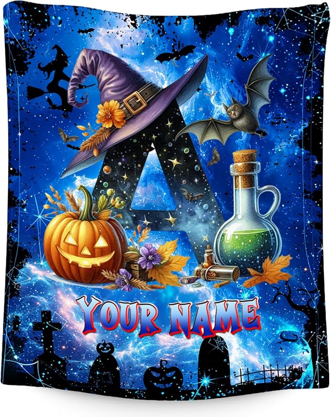 Halloween Blanket Gifts - Personalized Blanket for Kids Boys - Custom Initial Gifts for Toddler & Child - 50"x60" Flannel Monogram Throw - Halloween Party Room Decor