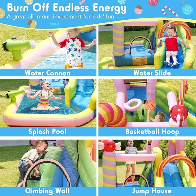 Inflatable Bounce House Water Slide, 6 in 1 Sweet Candy Water Park, Wet Dry Combo Bouncy Castle with 450W Blower, Splash Pool, Water Slide for Kids and Adults Backyard Party Gifts