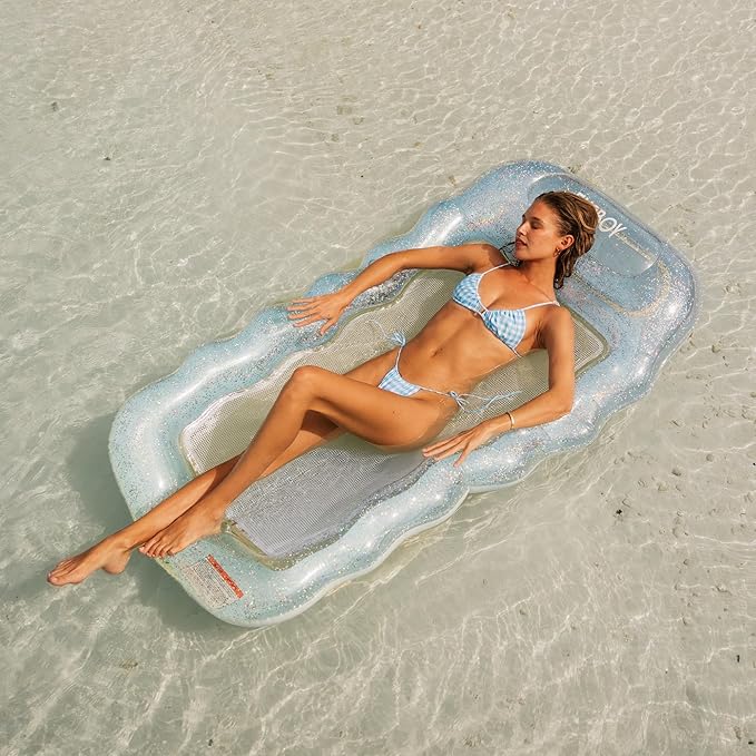 FUNBOY Clear Inflatable Mesh Pool Lounger Mesh Water Hammock with Built-in Pillow 70" Pool Hammock Float for Adults Swimming Pool Accessories & Tanning Pool Lounger Float for Pool Party & Summer