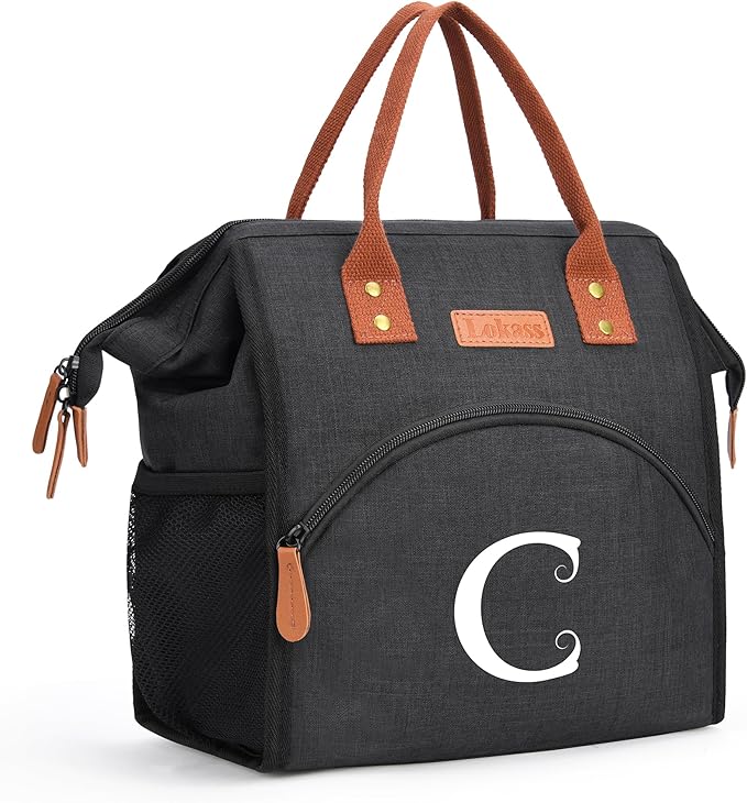 Personalized Lunch Box for Women, Initial Reusable Insulated Lunch Bag, Wide-Open Adult Lunchbox Cooler Lunchbag, Leakproof Lunch Tote for Picnic Work Outdoors, Christmas Gift for Women, Black - C