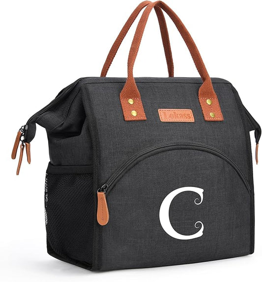 Personalized Lunch Box for Women, Initial Reusable Insulated Lunch Bag, Wide-Open Adult Lunchbox Cooler Lunchbag, Leakproof Lunch Tote for Picnic Work Outdoors, Christmas Gift for Women, Black - C