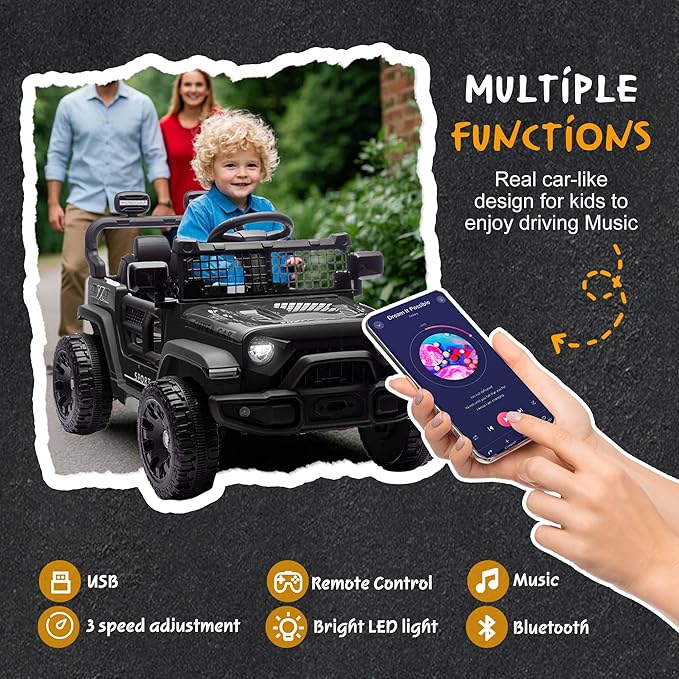 24V Ride On Jeep Car, Toddler Ride On Toys w/Parents Remote Control, 200W Power Motor Electric Car for Kids 2-4 with 4-Wheel Suspension, Bluetooth, Music, 1.86-3.11MPH Adjustable Speed, Black