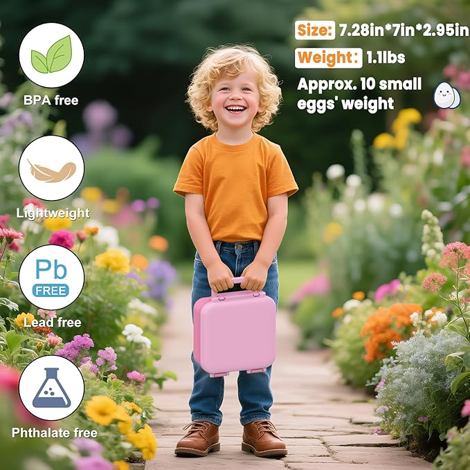 Bento Lunch Box for Kids with 9oz Thermo, Leak-proof Lunch Containers with 3 Compartments,Kids-friendly Size,Durable/Dishwasher Safe Lunch Box for School Outdoors-Pink