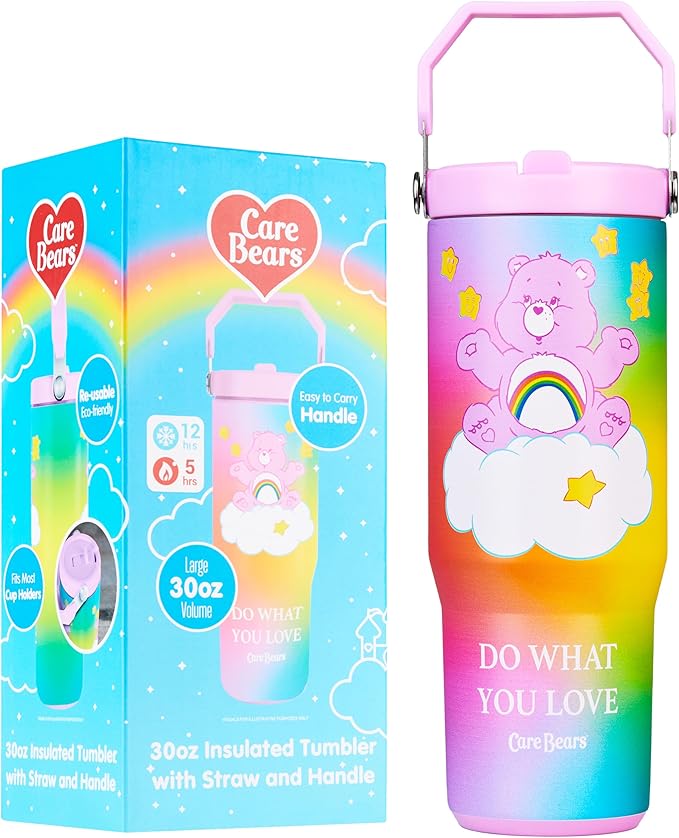 Get Trend Care Bears Tumbler with Straw 30oz Kids Teens Insulated Cup with Lid Handle Travel Mug Cups with Lids for School Sports Gifts for Kids (Multi Care Bears)