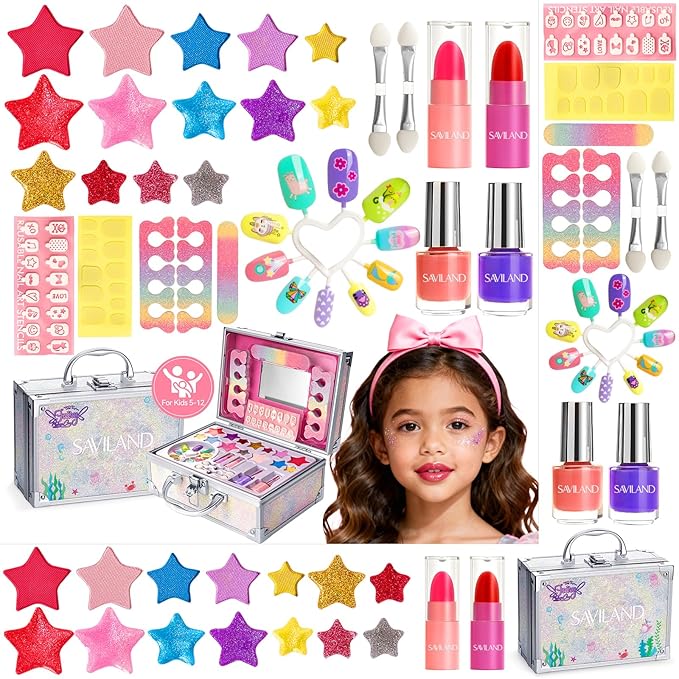 SAVILAND Kids Makeup Kit 32 Pcs: Toxic-Free Washable Makeup For Kids 5-12 Portable Real Toddler Kit with Eyeshadow Lip Gloss Cosmetic Case Birthday Christmas Gifts for Girls