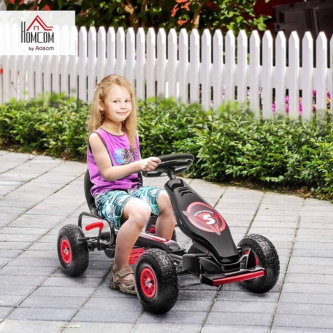 Aosom Kids Pedal Go Kart Ride-on Toy with Ergonomic Comfort, Pedal Car with Tough, Wear-Resistant Tread, Go Cart Kids Car for Boys & Girls with Suspension System, Safety Hand Brake, Ages 5-12, Red