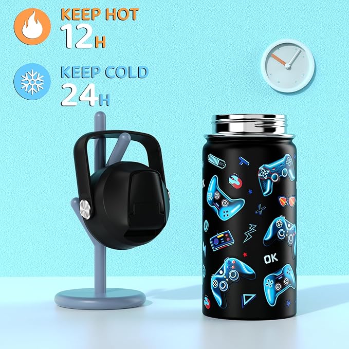 14oz Kids Insulated Water Bottle with Straw Lid - 18/8 Stainless Steel Kid Cup Travel Tumbler Double Wall Vacuum Leak Proof Portable Toddler Water Bottle (Game)