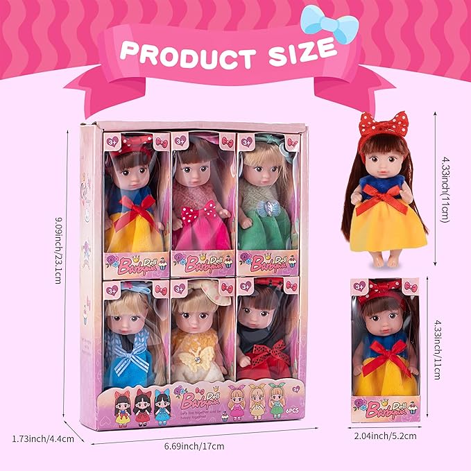 6 Pack 4 Inch Mini Fashion Doll Collection - 6 Unique Stylable Hair Dolls with Rotatable Limbs & Cute Outfits | Collectible Toy Gift for Kids