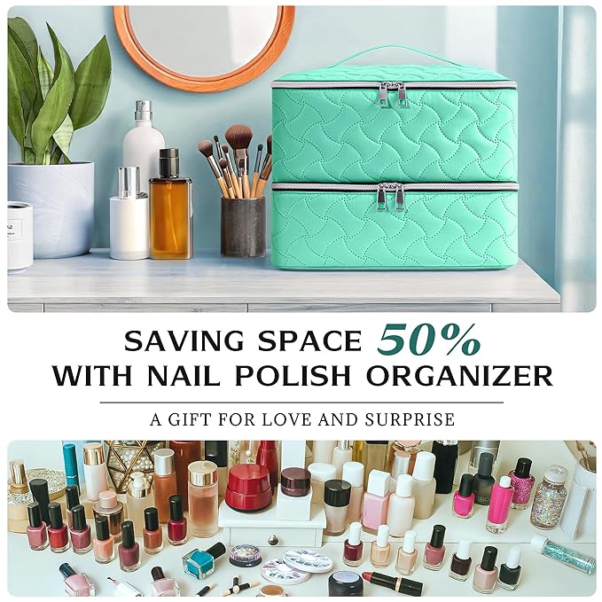 DreamGenius Nail Polish Organizer Case Holds 42 Bottles, Portable Double-Layer Nail Polish Storage Bag with Adjustable Dividers for Manicure Tools, Green