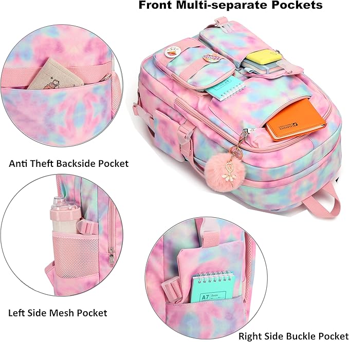 Hidds Laptop Backpacks 16 Inch School Bag College Backpack Anti Theft Travel Casual Daypack Bags Cute Bookbags Large Colorfull Carry on Back Pack for Teens Girls Women Students (Tie-Dye Pink)