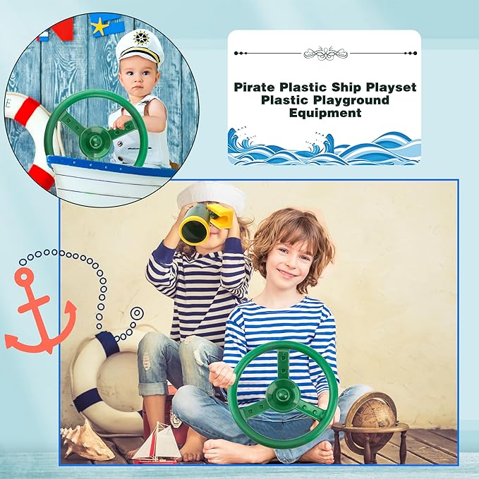 Playground Accessories Swingset Plastic Pirate Ship Steering Wheel Safety Handles Telescope for Kids Outdoor Playground Treehouse Jungle Gym Accessories (4 Pcs- Green,Yellow Set)