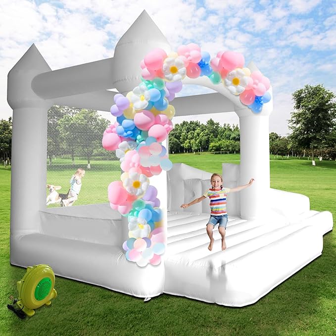 AKSPORT White Bounce House Inflatable Jumping Castle with Slide & Air Blower for Kids, Wedding & Birthday Parties, 17 * 11 * 10FT