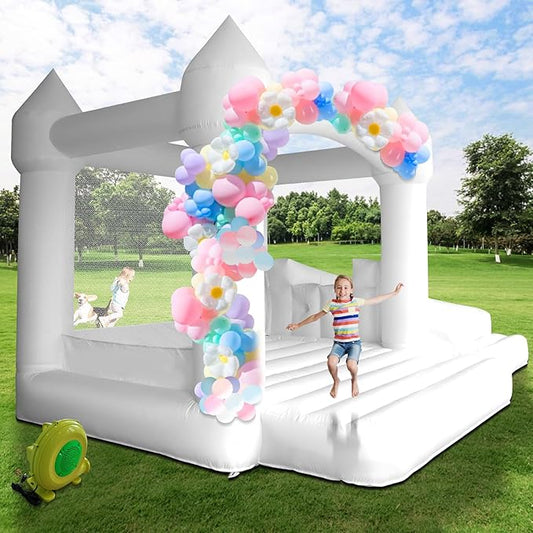 AKSPORT White Bounce House Inflatable Jumping Castle with Slide & Air Blower for Kids, Wedding & Birthday Parties, 17 * 11 * 10FT