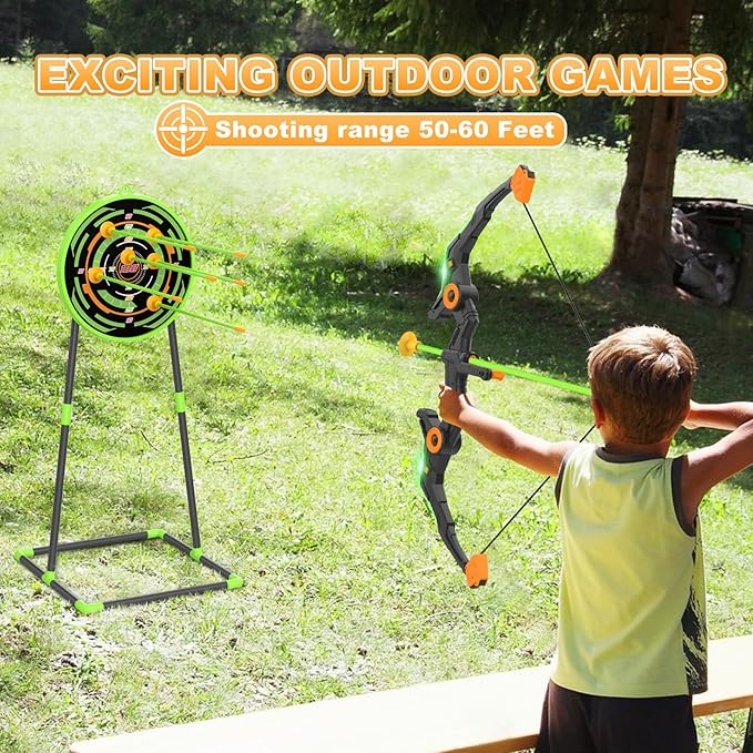 Kids Bow and Arrow Set with LED Flash Lights, 10 Suction Cup Arrows, Quiver and Fluorescence Standing Target-Perfect Indoor and Outdoor Archery Set Toy Gift for Boys and Girls Ages 4-12