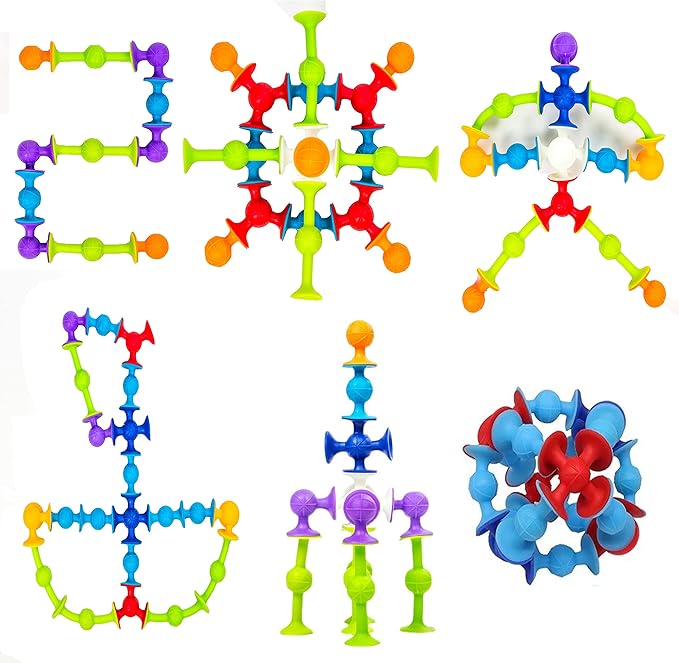 48 Piece Suction Cup Toys Construction Set - Silicone Building Blocks DIY Fun Bath Toys for Kids Ages 1-3, travel essentials for toddlers 1-3, Darts Sucker Toy with Toddler Road Trip Essentials