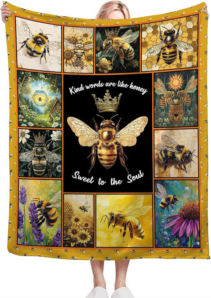 Bee Blanket Ultra Soft Cozy Bee Queen Throw Blanket Fleece Fuzzy Plush Bee Honey Blanket Decor Gifts for Women Girls Adults Couch Sofa 50"x40"