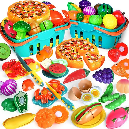 100 PCS Cutting Play Food Toy for Kids Kitchen, Pretend Food Toys for Toddlers, Play Kitchen Toys Accessories with 2 Baskets, Fake Food/Fruit/Vegetable, Birthday Gifts for 3 4 5 Years Old Boys Girls