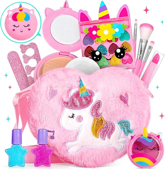 ULOVEME Kids Real Makeup Kit for Little Girls - Real, Non Toxic, Washable Make Up Toy - Umicorn Toys Gift for 3 4 5 6 7 8 9 10 12 Years Old Girls Birthday (Heart Shaped Pink Purse)