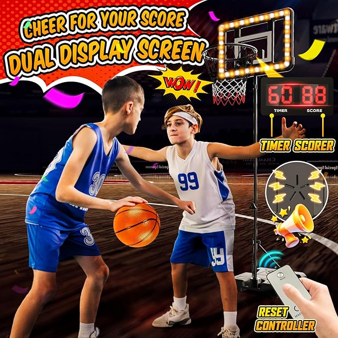 Kids Basketball Hoop Indoor Outdoor,Adjustable Height 2.9ft-5.9ft Toddler Basketball Hoop with LED Light & Scoreboard,Goal Toy for Boys Girls Age 3 4 5 6 7 8 Backyard Sports Game Gifts (Black)