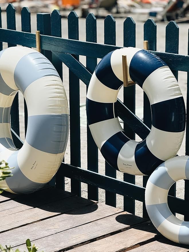 Petites-Pommes Inner Tube for Kids - Durable Donut Pool Float, Handprinted Classic Striped Design Round Floats for Pool, Soft Comfort Seaming, Packable Floats for Travel, Dark Blue, 35 inch