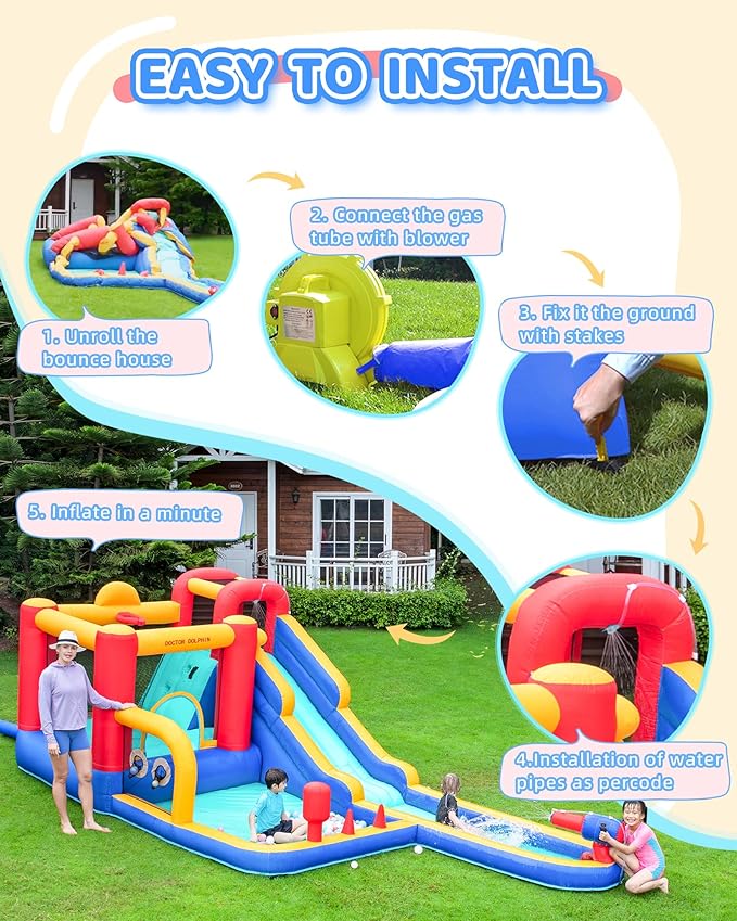 Doctor Dolphin Inflatable Bounce House with Air Blower, Bouncy Castle for Toddlers, Kids Jumping and Slide Castle for Indoor & Outdoor