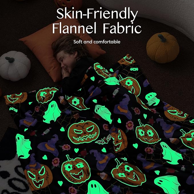 Joiedomi Halloween Blanket Soft Flannel Fleece Throw Blanket Glow in The Dark Halloween Pumpkin Ghost Bat for Kids Bed Living Room Gifts 50"×60"