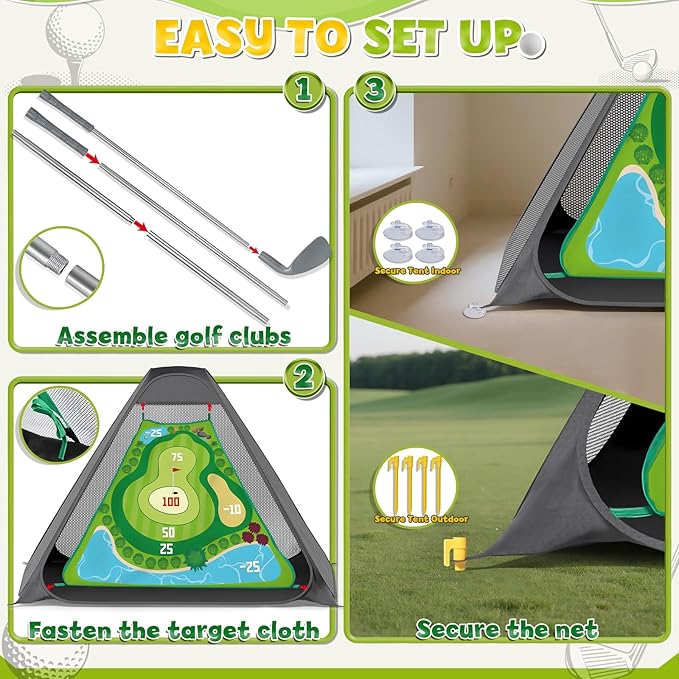 Lehoo Castle Kids Golf Set with Golf Net, 2 in 1 Toddler Golf Set with Putting Mat & Sticky Balls, Toddler Golf Clubs for Chipping Training, Outdoor Indoor Golf Toys Gift for Boys Girls 3 4 5 6 7