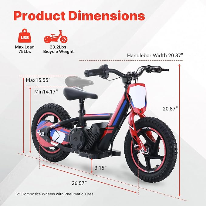 Lightweight Electric Dirt Bike for Kids, 170W Powerful Racing Grade Motorcycle Up to 10MPH, 24V Detachable Battery, 12-Inch Off-Road Tires, 2-Speed Modes Mini Motocross Bike- Ideal for Ages 3-6