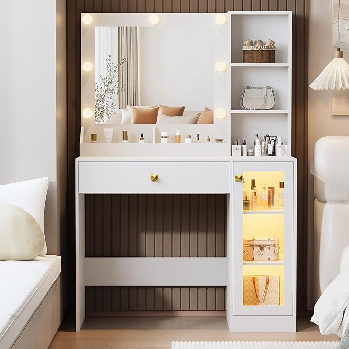 Makeup Vanity with Mirror and Lights & Power Outlet, 34'' Small Vanity Desk with Drawers and Storage Cabinet & Makeup Tray, Dressing Table for Girls Bedroom Dressing Room, White