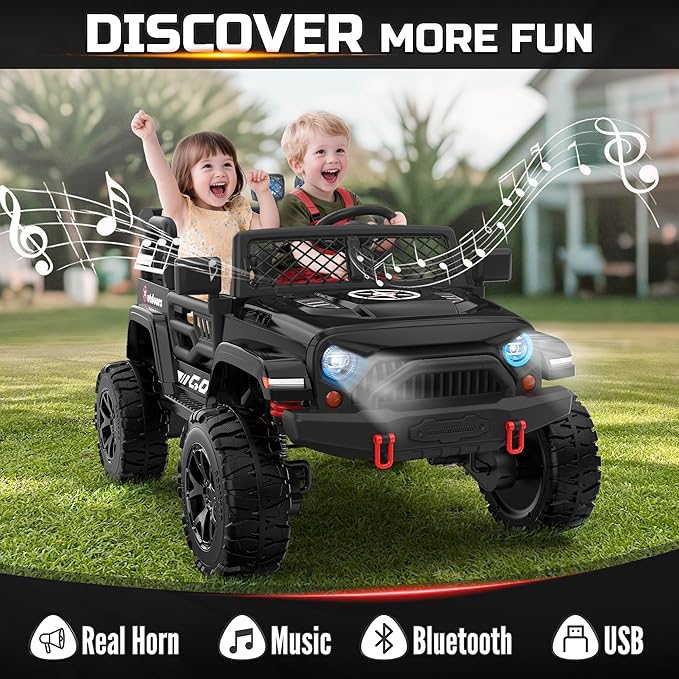 2 Seater Ride On Car for Kids, EVA Tires, 24V 4WD Electric Car w/Remote Control, Bluetooth, LED Lights, Ride On Truck for Boys and Girls Aged 3-8, Black
