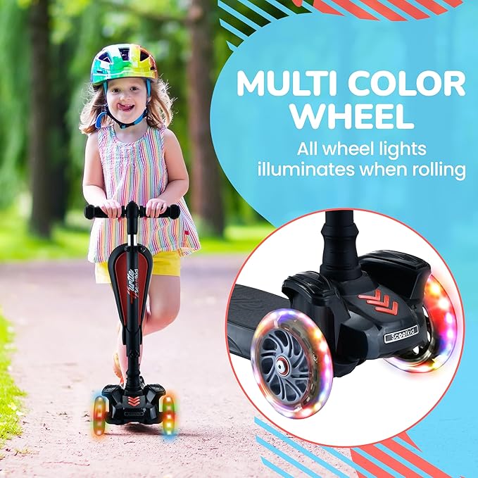 Hurtle 3-Wheeled Scooter for Kids - Wheel LED Lights, Adjustable Lean-to-Steer Handlebar, and Foldable Seat - Sit or Stand Ride with Brake for Boys and Girls Ages 1-14 Years Old
