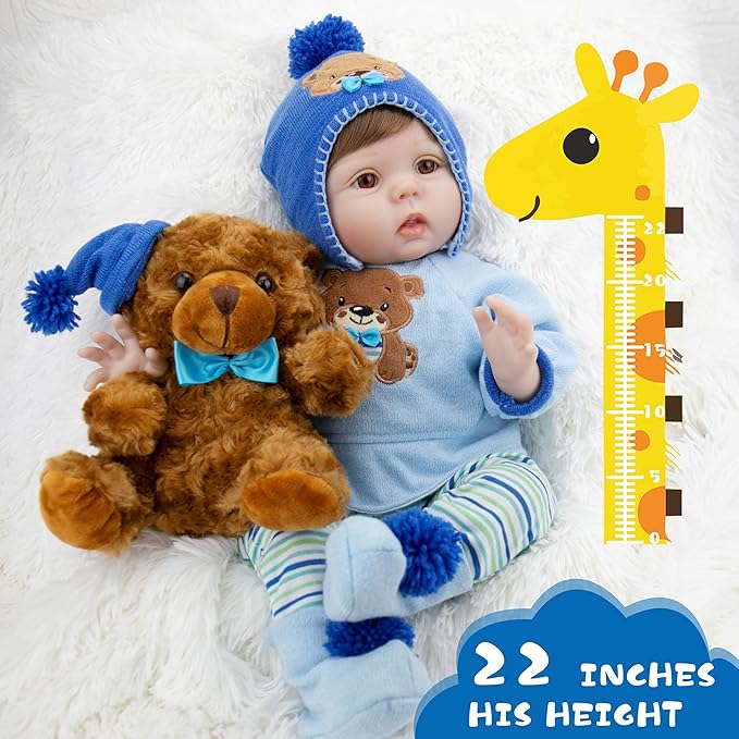 Milidool Lifelike Reborn Baby Dolls -22 Inch Realistic Newborn Soft Body Boy Baby Doll Real Life Baby Dolls with Gift Box Complete Accessories Kids Age 3+ Gifts, Pretend Play, Collection