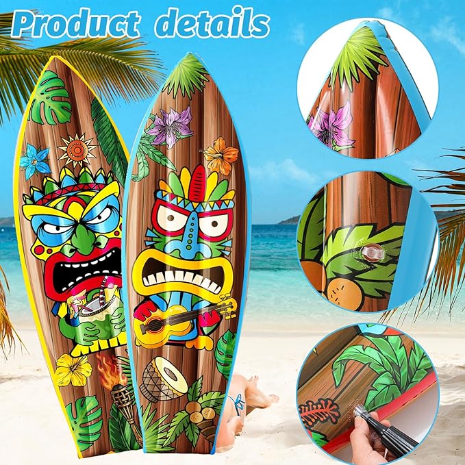 4 Pcs 36 Inch Tiki Inflatable Surf Board Tiki Party Decorations Blow up Surfboard Bar Decorations Inflatable Pool Floats for Hawaiian Luau Tropical Beach Party Supplies Outdoor Decor