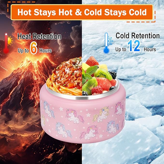 13.5oz Kids Soup Jar for Hot Food Vacuum Insulated Food Jar with Buckle Lid, Stainless Steel Wide Mouth Leak Proof Lunch Container for School Picnic Travel (Unicorn Pink)