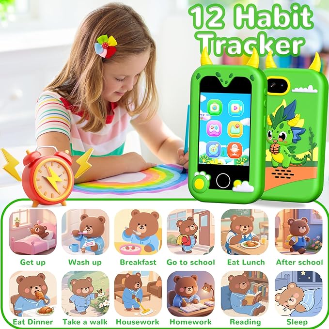 Kids Play Phone Toys, Smart Phone with Dual Camera - Christmas Birthday Gift for Kids Aged 3-12, Toddler Toys Pretend Phone with Music Player, Educational Learning Games with 32GB Memory Card, Green