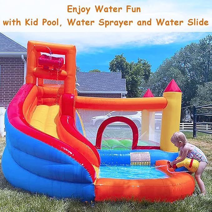 HuaKastro Inflatable Bounce House Water Slide – Backyard Water Park for Kids with Slide, Pool (Ball Pit), and Bucket Dump for Outdoor/Indoor Play, Perfect for Summer Fun (Blower Included)