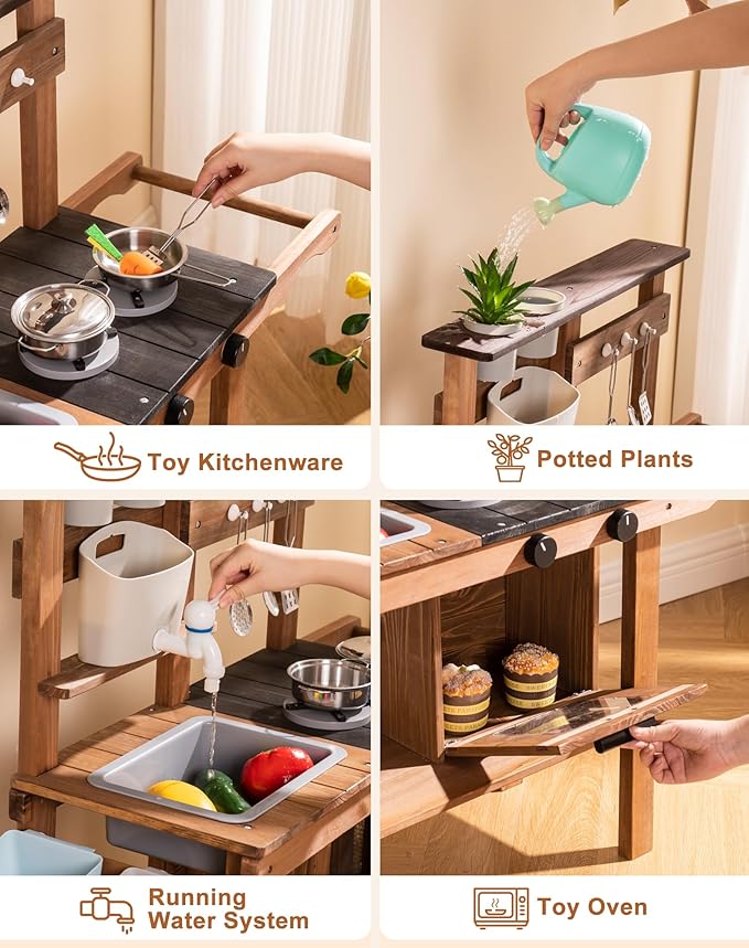 ROBUD Mud Kitchen for Kids Outdoor with Wheels, Wooden Outdoor Play Kitchen, Kids Mud Kitchen with Removable Sink & Faucet, Monteeori Toys for Children Ages 3+ Years, WG403