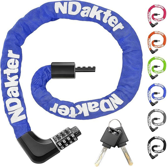 NDakter Upgrade Bike Chain Lock with 4 Digit Combination and 2 Keys, 3.2/4.28 Ft Heavy Duty Anti-Theft Bicycle Lock, 2 Ways to Unlock High Security Scooter Locks for Ebike, Escooter, Door