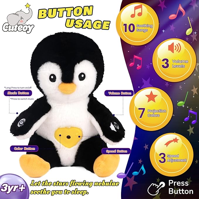 Cuteoy Plush Penguin Star Projector Musical Adjustable Singing Night Light Stuffed Animals Glowing Plushies Toy Gifts for Kids Birthday Easter Christmas,11''