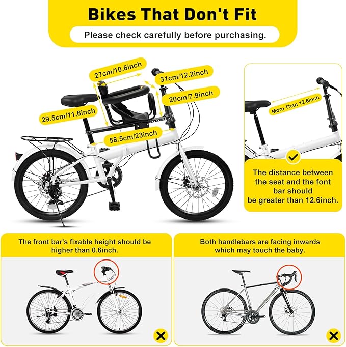 Gdrasuya10 Portable Bicycle Front Mounted Baby Seat Lightweight Child Bicycle Safety Seat Padded Saddle Kids Saddle Carrier Seat Cushion with Foot Pedal