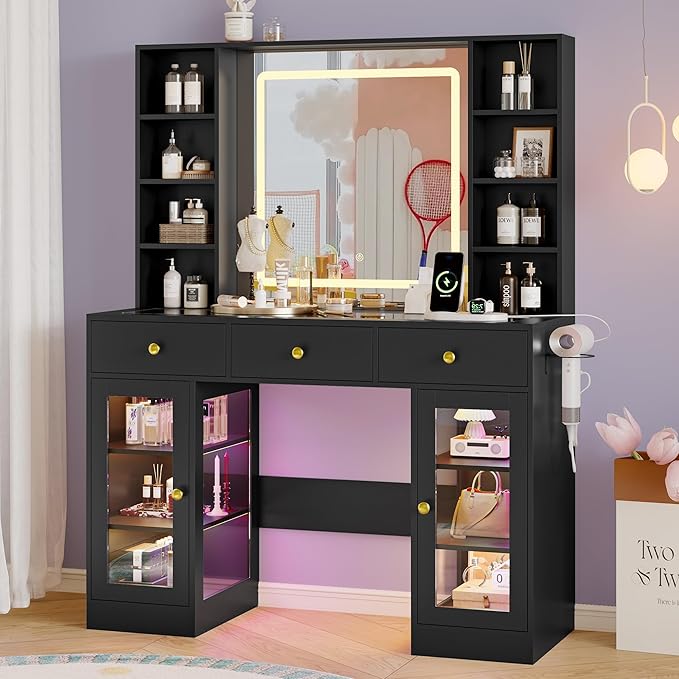 Makeup Vanity Desk with Mirror and Lights, 43" Black Vanity with Glass Top, Jewelry Storage, 3 Drawers & Glass Cabinets, Power Outlet & Adjustable LED Lights, Dressing Table for Women & Girls Bedroom