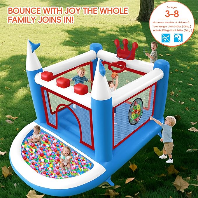 Kids Bounce House with Ball Pit, Basketball Hoop, Target Game and Ring Toss Game PVC Jumping Castle with Electric Air Pump 98”x 70”x 65” Trampoline for Ages 3-8 Indoor or Outdoor Play