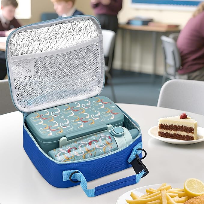 PIQUEBAR Bento Lunch Box for Kids with Thermo Ice Pack Lunch Food Container Insulated Bag, 18oz Plastic Sport Water Bottle for Kid Girls Boys (T-Blue Dinasour)