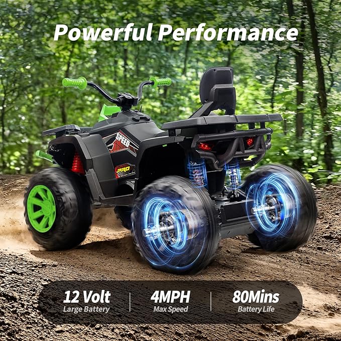 12V Kids 4 Wheeler ATV, 2-Seater Electric ATV Four Wheeler for Big Kids with Bluetooth, 14.4" Big Wheels - Green