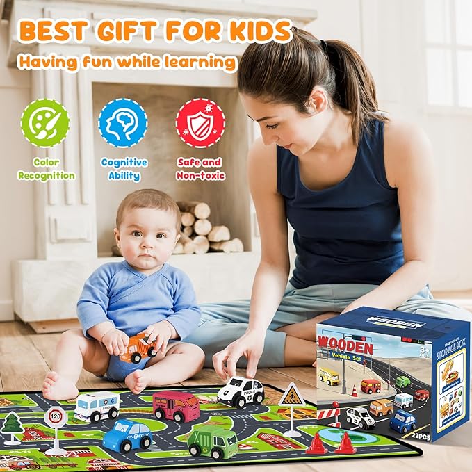 Toddler Car Toys, Wooden Cars Toys for Boy, 22 PCS Cars and Trucks Toy Vehicles Set with Traffic Signs, Playmat, Storage Box, Wood Montessori Toys for Toddlers Baby Birthday Educational